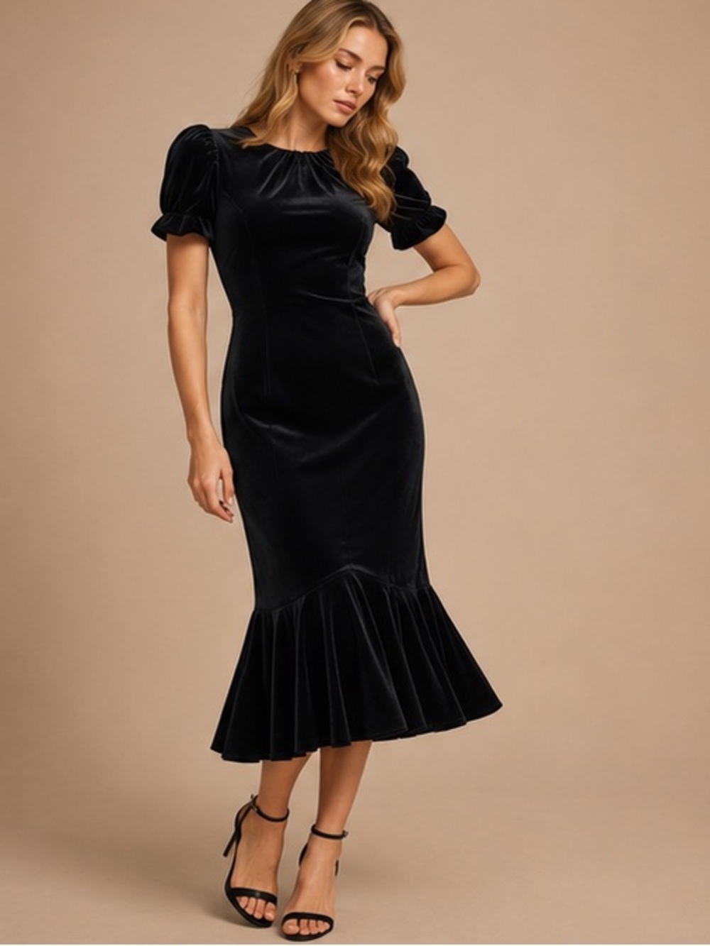 Pomander Place Black Velvet Puff Sleeve Midi Dress NWT Romantic Luxe Cocktail